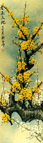 Colorful Green Plum Blossom Wall Scroll close up view