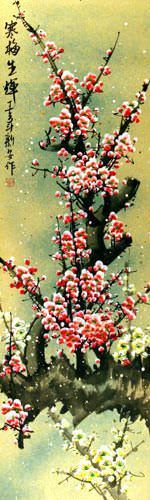 Colorful Golden-Yellow Plum Blossom Wall Scroll close up view