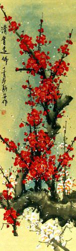 Colorful Red Plum Blossom Wall Scroll close up view