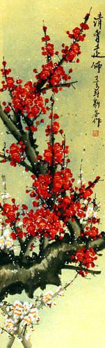 Colorful Red Plum Blossom Wall Scroll close up view