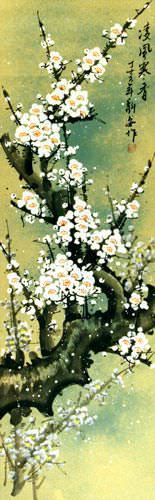 Colorful White Plum Blossom Wall Scroll close up view