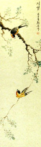 The Song of the Couple - Bird and Flower Wall Scroll close up view