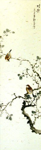 The Couple's Gaze - Bird and Flower Wall Scroll close up view