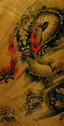 Flying Chinese Dragon - Asian Wall Scroll close up view