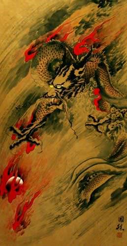 Flying Chinese Dragon - Asian Wall Scroll close up view