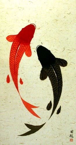 Large Yin Yang Fish Wall Scroll close up view