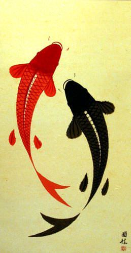 Large Yin Yang Fish Wall Scroll close up view