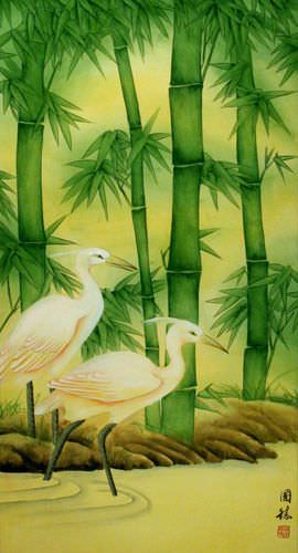 Big Egrets and Green Bamboo Wall Scroll close up view