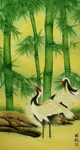 Big Cranes and Green Bamboo Wall Scroll close up view