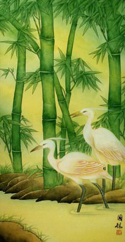 Big Egrets and Green Bamboo Wall Scroll close up view