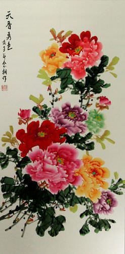 Extra-Large Colorful Peony Flower Wall Scroll close up view