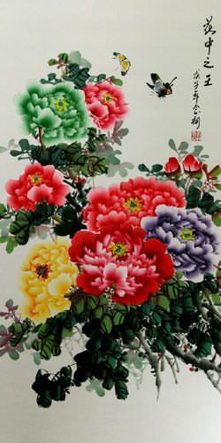 Extra-Large Colorful Peony Flowers and Butterflies Wall Scroll close up view
