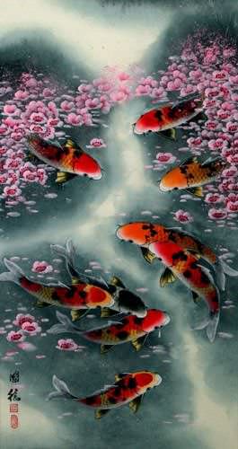 Koi Fish Plum Blossom Wall Scroll close up view