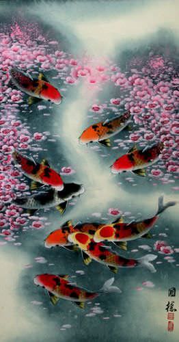 Koi Fish Plum Blossom Wall Scroll close up view