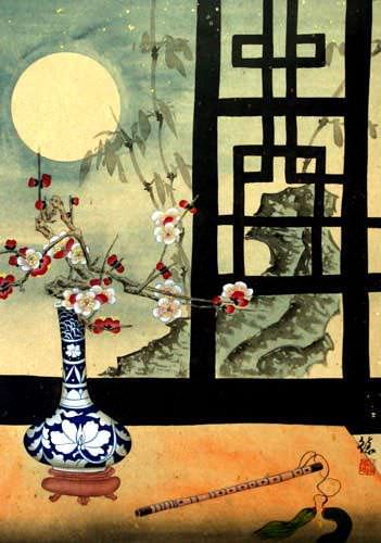 Asian Still Life Scene Wall Scroll close up view