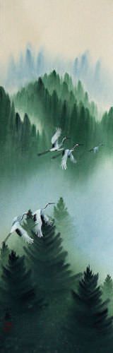 Colorful Cranes Wall Scroll close up view
