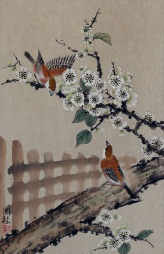 Bird & Flower Wall Scroll close up view