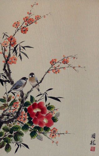 Bird & Flower - Asian Art Wall Scroll close up view