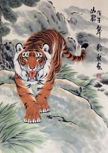 Chinese Tiger Wall Scroll close up view