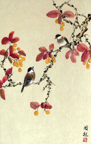 Bird & Flower Wall Scroll close up view
