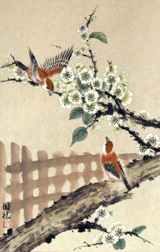 Bird & Flower Wall Scroll close up view
