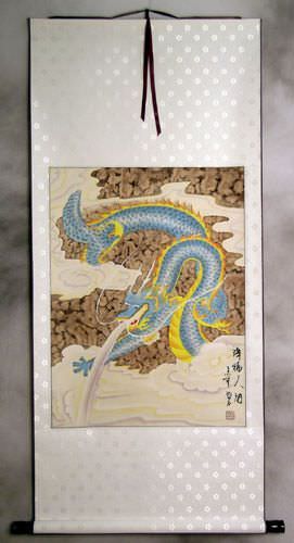 Good Luck Blue Dragon - Chinese Wall Scroll
