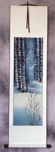 Birch Forest Winter Cranes Wall Scroll