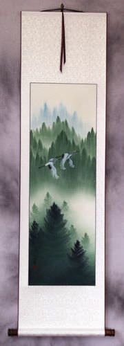 Companions Asian Cranes Landscape Wall Scroll