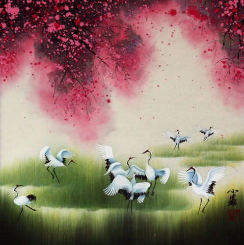 Four Seasons Cranes Watercolor Painting