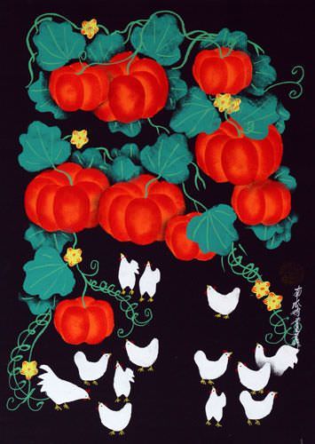 Chickens and Pumpkins Folk Art Painting