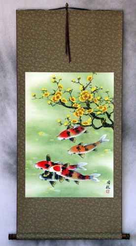 Koi Fish & Plum Blossoms - Asian Wall Scroll