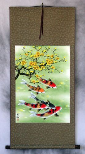 Koi Fish & Plum Blossoms - Asian Wall Scroll