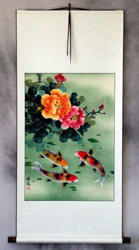 Koi Fish & Peony Flowers - Chinese Wall Scroll