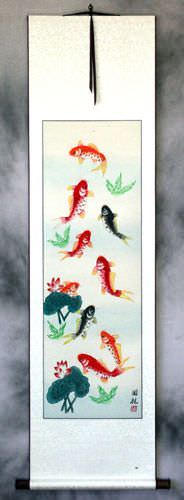 Koi Fish & Lotus Flower - Chinese Wall Scroll