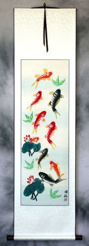 Koi Fish & Lotus Flower - Chinese Wall Scroll