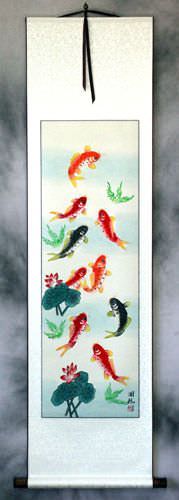 Koi Fish & Lotus Flower - Chinese Wall Scroll