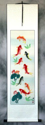 Koi Fish & Lotus Flower - Chinese Wall Scroll