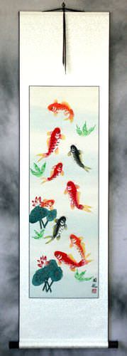 Koi Fish & Lotus Flower - Chinese Wall Scroll