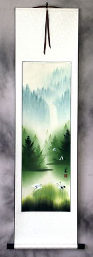 Waterfall Delight Asian Cranes Landscape Wall Scroll