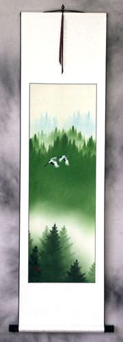 Companions Asian Cranes Landscape Wall Scroll