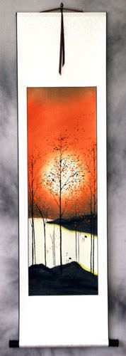 Colorful Asian Cranes Wall Scroll