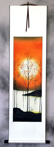 Colorful Asian Cranes Wall Scroll