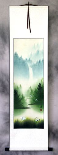 Waterfall Delight Asian Cranes Landscape Wall Scroll