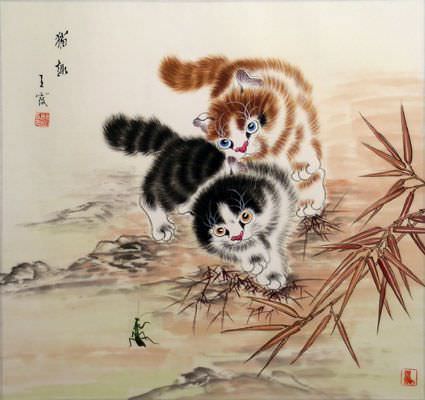 Playful Kittens & Grasshopper