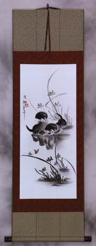 Charcoal Kittens and Butterflies Wall Scroll