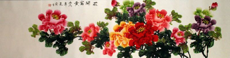 Colorful Peony Flowers - Wide Chinese Painting