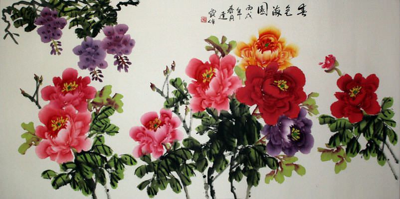 Colorful Peony Flowers<br>Big Chinese Painting