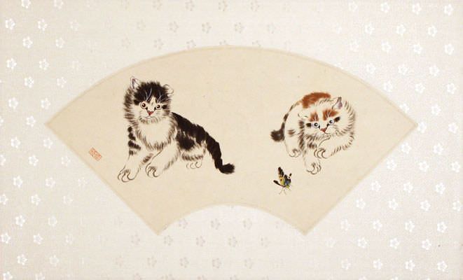 Fan-Style Kittens and Butterfly Painting