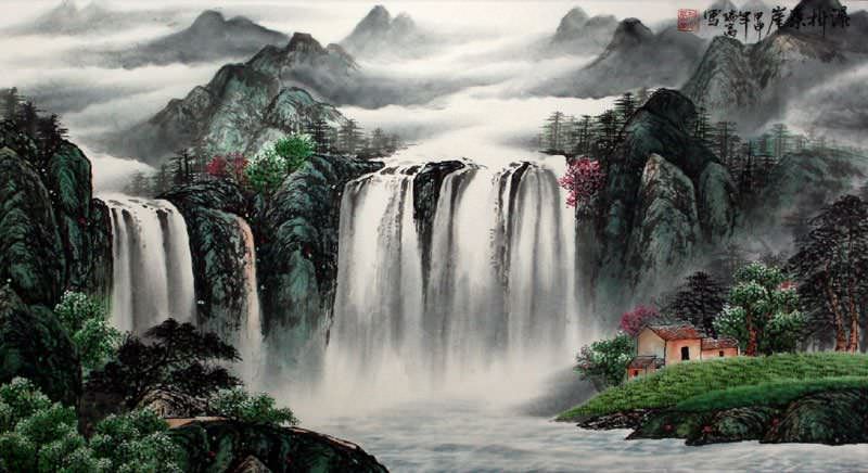 Waterfall Hanging on the East Cliff - Large Landscape Painting