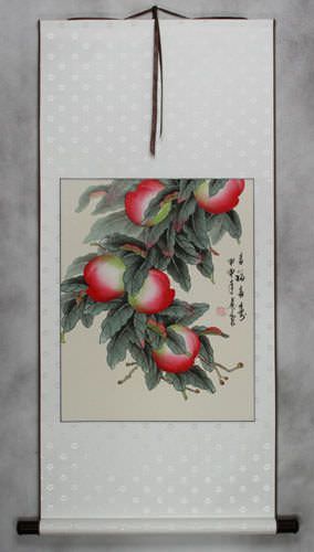 Many Good Wishes and a Very Long Life Peach Tree Wall Scroll